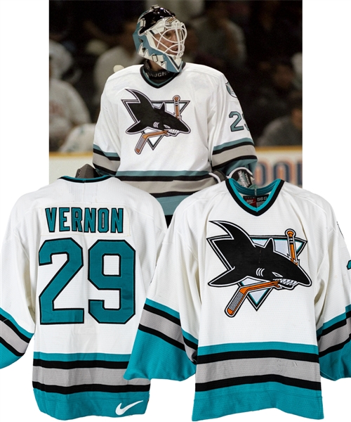 Mike Vernons 1997-98 San Jose Sharks Game-Worn Jersey with Team COA - Photo-Matched!