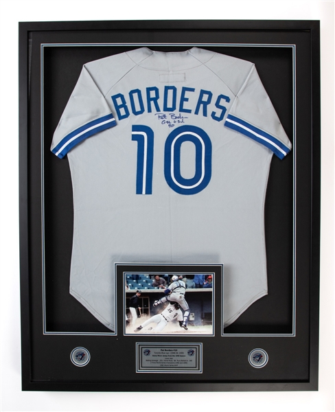 Pat Borders 1990 Toronto Blue Jays Signed Game-Worn Jersey Framed Display with LOA (33 1/2" x 41 1/2") - Attributed to Have Been Worn in Dave Stieb’s No-Hitter!