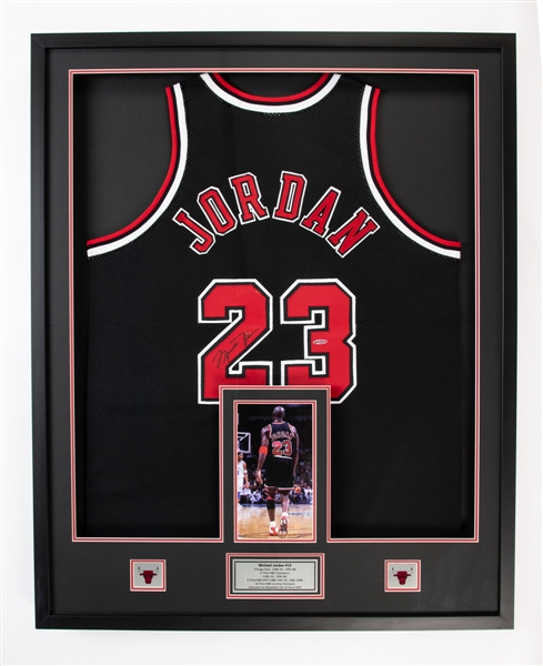 Michael Jordan Chicago Bulls Signed Jersey Framed Display with UDA Hologram and JSA LOA (33 ½” x 41 ½”)