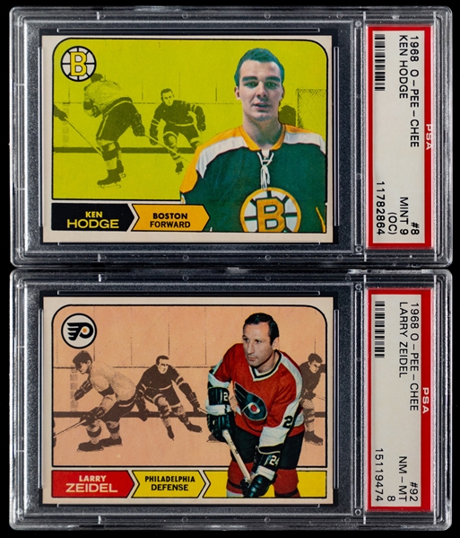 1968-69 O-Pee-Chee Hockey Card #8 Ken Hodge (Graded PSA 9 OC) and #92 Larry Zeidel (Graded PSA 8)