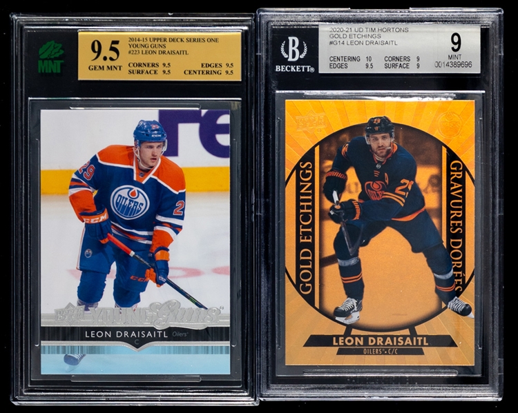 2014-15 Upper Deck Young Guns Hockey Card #223 Leon Draisaitl Rookie (Graded MNT 9.5) and 2020-21 UD Tim Hortons Gold Etchings #G14 Leon Draisaitl (Graded Beckett 9)