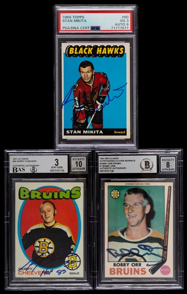 HOFers Bobby Orr, Stan Mikita and Gerry Cheevers Signed Hockeys Cards (3) - All PSA/DNA or Beckett Authenticated