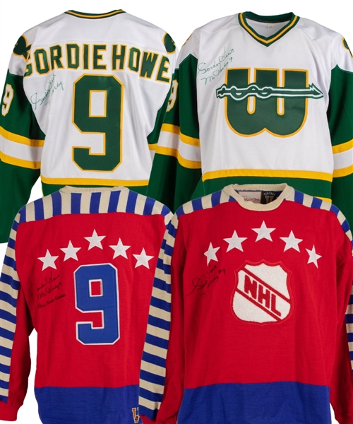 Deceased HOFer Gordie Howe Signed Jerseys (4) and Signed Vintage 1960s Howe Truline Youth Skates 