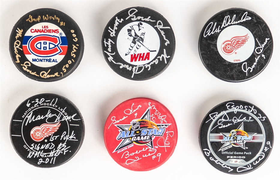 Deceased HOFer Gordie Howe Signed Puck Collection of 50 - Many Multi-Signed and with Inscriptions! 