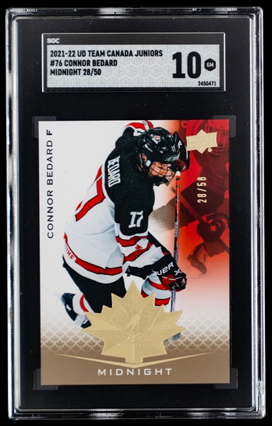 2020-21 Upper Deck Team Canada Juniors Midnight Gold Hockey Card #76 Connor Bedard (28/50) - Graded SGC GEM MT 10