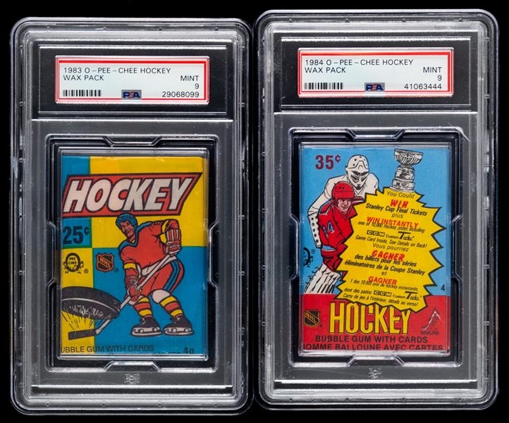 1983-84 and 1984-85 O-Pee-Chee Hockey Wax Packs (2) - Both Graded PSA MINT 9