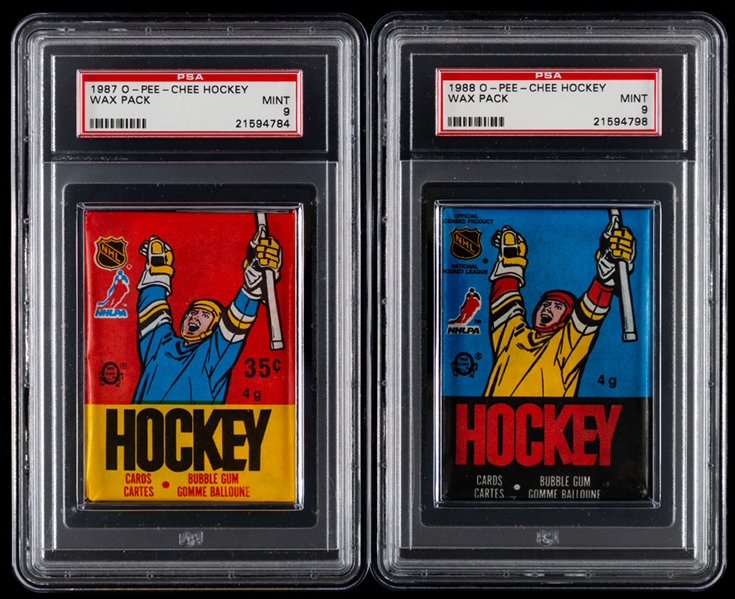 1987-88 and 1988-89 O-Pee-Chee Hockey Wax Packs (2) - Both Graded PSA MINT 9