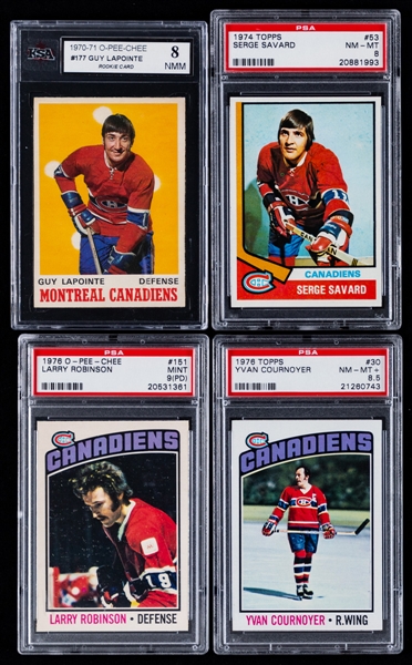 1970s/1980s Montreal Canadiens Hockey Cards (19) with Most Featuring the Big Three (15 Cards) Including 1970-71 O-Pee-Chee #177 Guy Lapointe Rookie (Graded KSA 8)