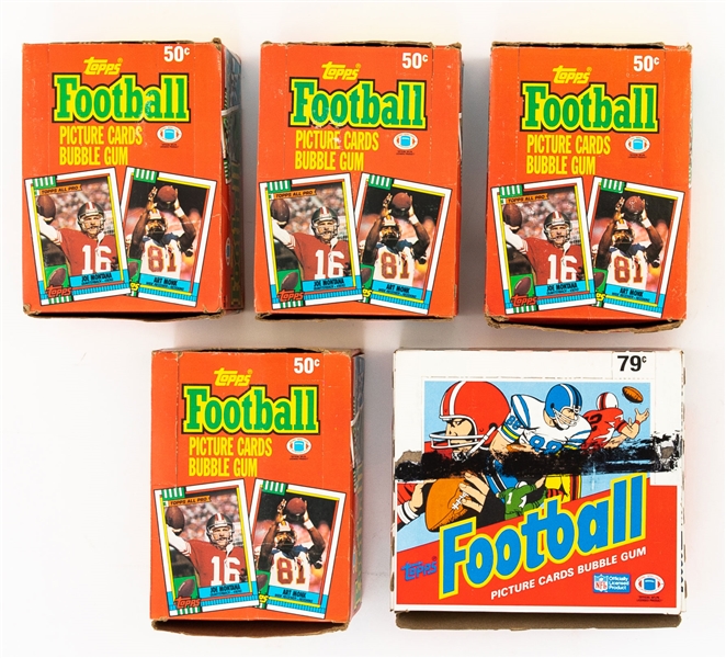 1988 Topps Football Cello Box (24 Unopened Packs - Bo Jackson Rookie Card Year) and 1990 Topps Football Wax Boxes (4 Boxes - 36 Unopened Packs per Box)