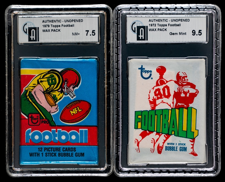 1972 Topps Football 1st Series Wax Pack (Graded GAI Gem Mint 9.5) and 1979 Topps Football Wax Pack (Graded GAI NM+ 7.5)