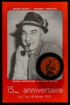 1974 Quebec Pee-Wee Tournament Program Including Wayne Gretzky Plus 1974 Quebec Pee Wee Tournament Game Puck