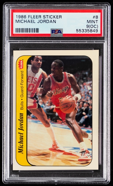 1986-87 Fleer Basketball Complete 11-Sticker Set Including PSA-Graded Sticker #8 HOFer Michael Jordan Rookie (MINT 9 OC)