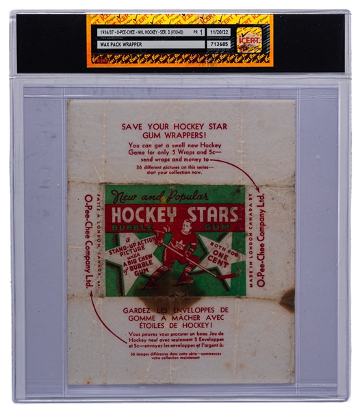 1936-37 O-Pee-Chee Series "D" (V304D) Hockey Card Wrapper (iCert Certified) 