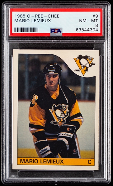 1985-86 O-Pee-Chee Hockey Card #9 HOFer Mario Lemieux Rookie - Graded PSA 8