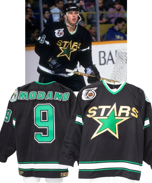 Mike Modanos 1991-92 Minnesota North Stars Pre-Season Jersey From His Personal Collection with LOA - 75th Patch! - 25th Anniversary Patch! - Rare First-Year Style Nameplate!