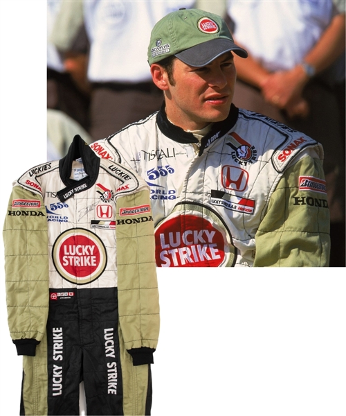 Jacques Villeneuves 2001 Lucky Strike BAR Honda F1 Team Signed Race-Worn Suit (Lucky Strike Sponsorship) with His Signed LOA