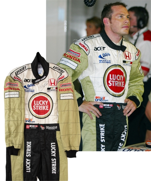 Jacques Villeneuves 2002 Lucky Strike BAR Honda F1 Team Signed Race-Worn Suit (Lucky Strike Sponsorship) with His Signed LOA