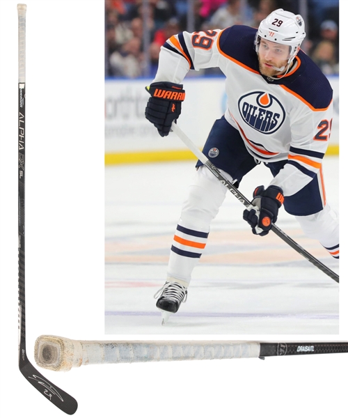 Leon Draisaitls Early-2020s Edmonton Oilers Signed Warrior Alpha DX Game-Used Stick 