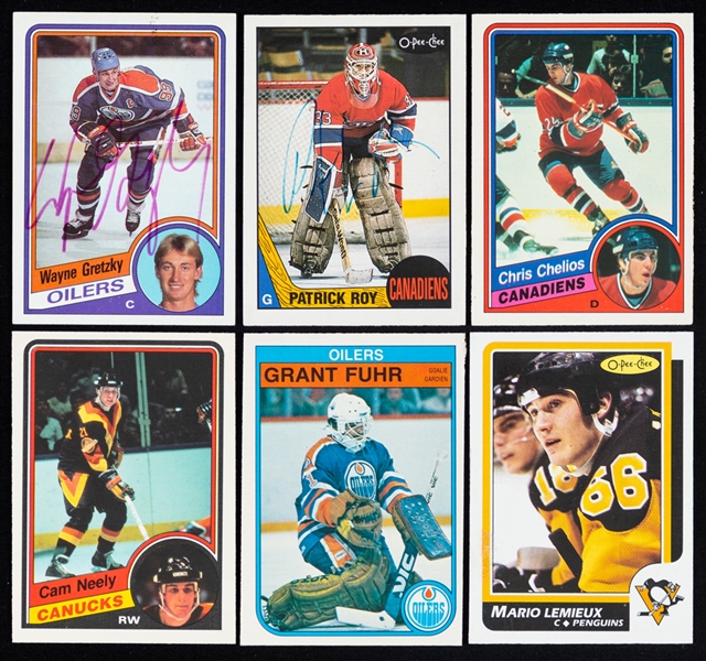 1970s to 1990s O-Pee-Chee, Topps and Upper Deck Hockey Cards (20) Inc. Rookie Cards of HOFers Chelios, Neely and Fuhr Plus Vintage-Signed Cards of HOFers Wayne Gretzky and Patrick Roy