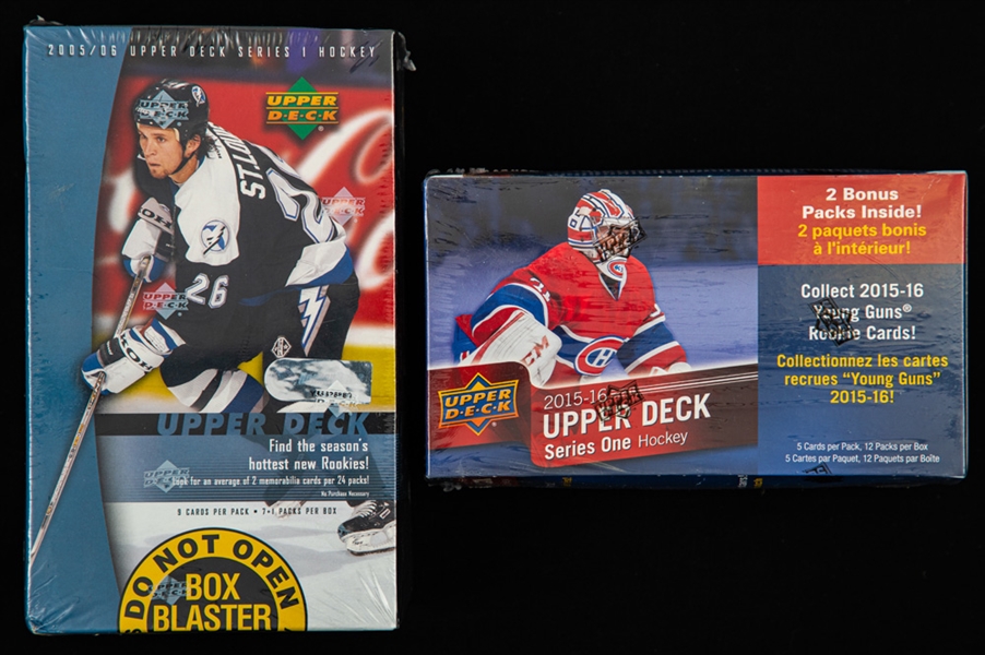 2005-06 to 2015-16 Upper Deck Factory Sealed Retail Box, Tin and Blaster Collection of 5 Including 2005-06 Series One Blaster (Crosby Rookie Card) and 2015-16 Series One Blaster (McDavid Rookie Card)