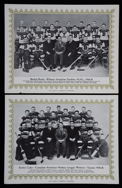 1934-35 CCM Green Border Complete Set of 10 with Envelope Plus 1940s Chicago Black Hawks "Pony Line" Oversized Photos (3) One Signed by Deceased HOFer Bill Mosienko