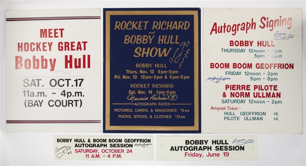 Deceased HOFer Bobby Hull Signed Vintage Autograph Signing Display Signs (5) with Maurice Richard and Boom Boom Geoffrion 
