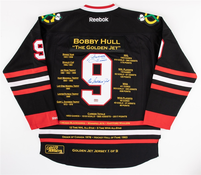 Deceased HOFer Bobby Hull Signed Chicago Black Hawks Custom Stats Limited-Edition Black Jersey (1/9) Plus Signed CCM Stick with COA 