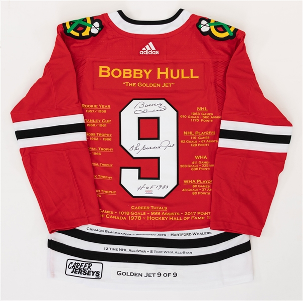 Deceased HOFer Bobby Hull Signed Chicago Black Hawks Custom Stats Limited-Edition Red Jersey (9/9) Plus Signed CCM Stick with COA 