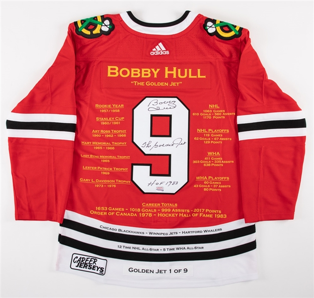 Deceased HOFer Bobby Hull Signed Chicago Black Hawks Custom Stats Limited-Edition Red Jersey (1/9) Plus Signed CCM Stick with COA 