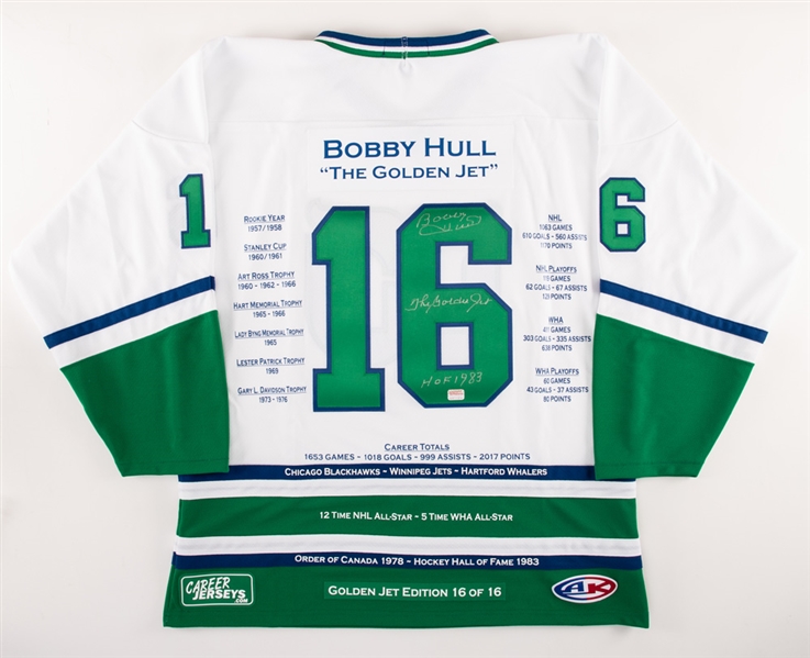Deceased HOFer Bobby Hull Signed Hartford Whalers Custom Stats Limited-Edition Jersey (16/16) with COA 