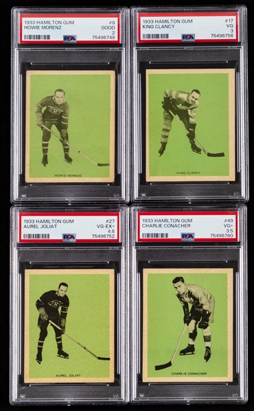 1933-34 Hamilton Gum V288 Hockey Complete 21-Card Set (Green Background) with PSA-Graded Cards of HOFers #8 Morenz (G 2), #17 Clancy (VG 3), #27 Joliat (VG-EX+ 4.5) and #49 Conacher Rookie (VG+ 3.5)