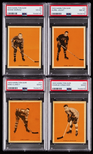 1933-34 Hamilton Gum V288 Hockey Complete 21-Card Set (Orange Background) with PSA-Graded Cards of HOFers #8 Morenz (VG-EX 4), #17 Clancy (G 2), #27 Joliat (NM-MT 8) and #49 Conacher Rookie (G 2)