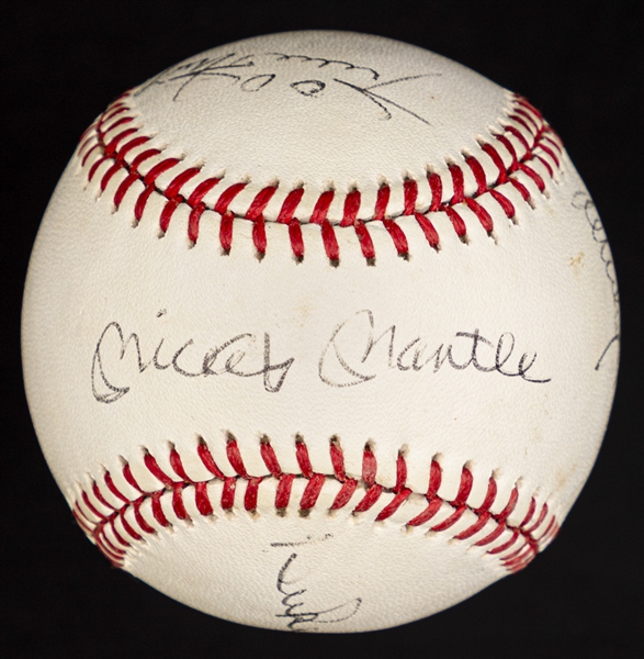 Mickey Mantle, Whitey Ford, Duke Snider and Willie Mays Multi-Signed Official Bobby Brown American League Baseball with JSA LOA