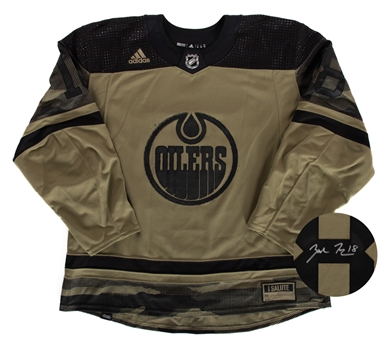 Zack Hymans 2021-22 Edmonton Oilers Signed "Armed Forces" Pre-Game Warm-up Worn Jersey with Team LOA