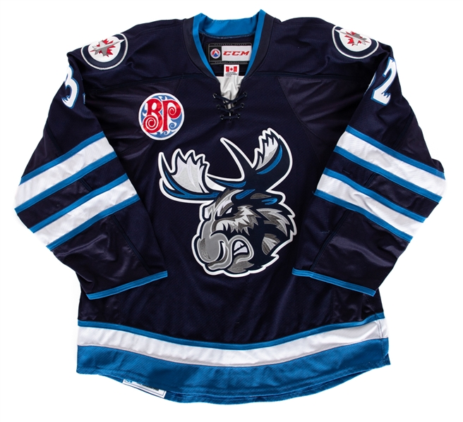 Jansen Harkins 2017-18 AHL Manitoba Moose Game-Worn Jersey with Team COA - Team Repairs!