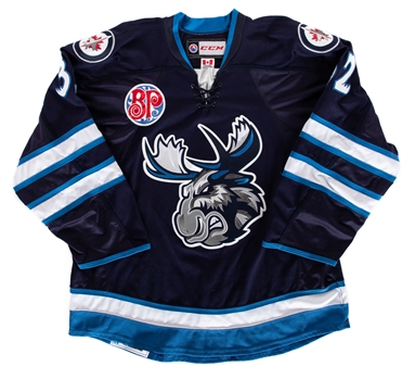 Jansen Harkins 2017-18 AHL Manitoba Moose Game-Worn Jersey with Team COA - Team Repairs!