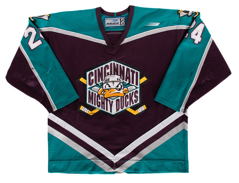 Jay Legaults 1999-2000 AHL Cincinnati Mighty Ducks Game-Worn Jersey with LOA - Nice Game Wear with Team Repairs!