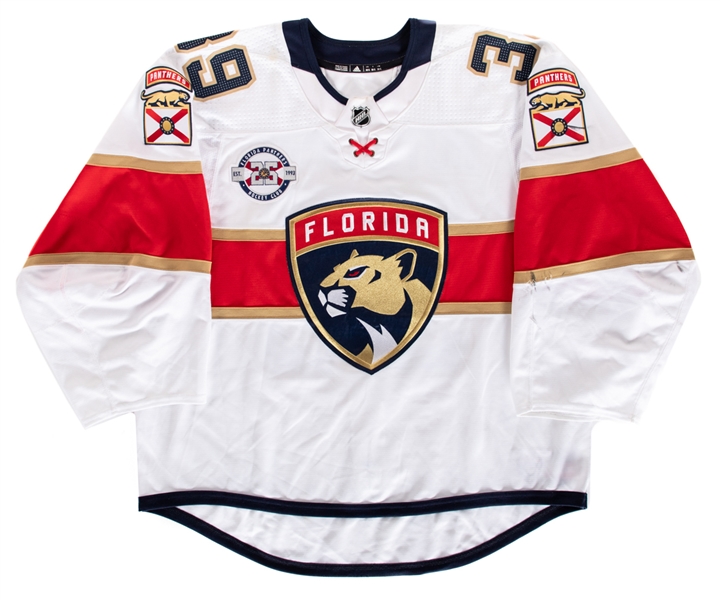 Michael Hutchinsons 2018-19 Florida Panthers Game-Worn Jersey - 25th Patch! - Photo-Matched!