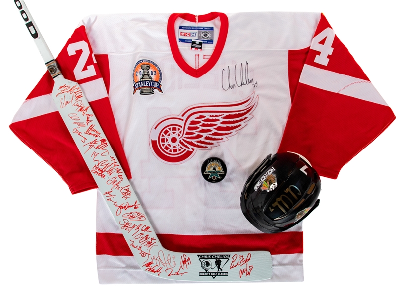 Chris Chelios Signed 2002 Detroit Red Wings Jersey Plus Signed Black Hawks Model Helmet and Chelios Charity Golf Classic Multi-Signed Goalie Stick