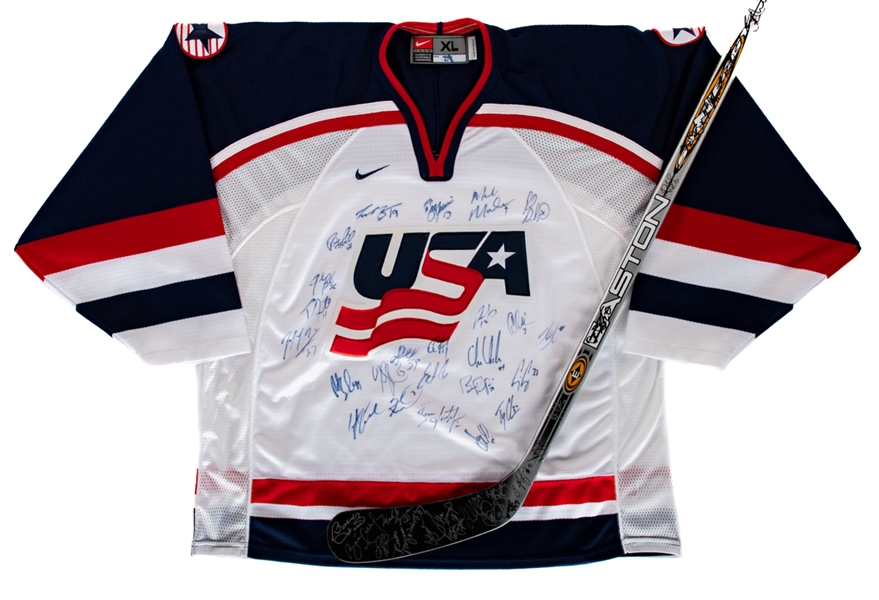 Team USA 2004 World Cup Team-Signed Jersey Including Leetch, Amonte, Chelios, Tkachuk and Modano and Early-2000s Chelios Charity Golf Classic Multi-Signed Stick Including Gretzky with LOA