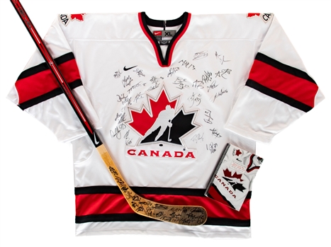 Team Canada 2004 IIHF World Junior Championships Team-Signed Stick, Jersey and Media Guide Including Crosby, Phaneuf and Fleury Plus Others with LOA
