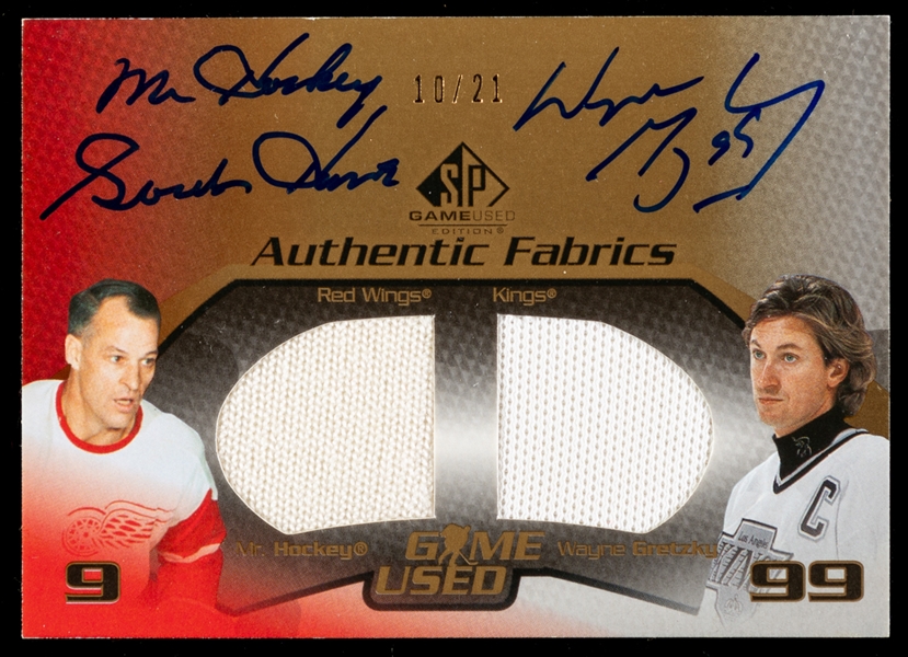 2003-04 SP Game Used Authentic Fabrics Dual-Signed Hockey Card #OF-HG Wayne Gretzky / Gordie Howe (10/21)