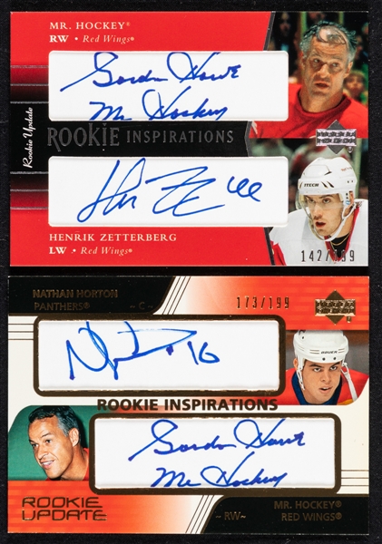 2002-03 UD Rookie Inspirations Dual-Signed Hockey Card #168 Gordie Howe / Henrik Zetterberg (142/199) and 2003-04 UD Rookie Inspirations Dual-Signed Hockey Card #162 Gordie Howe / N