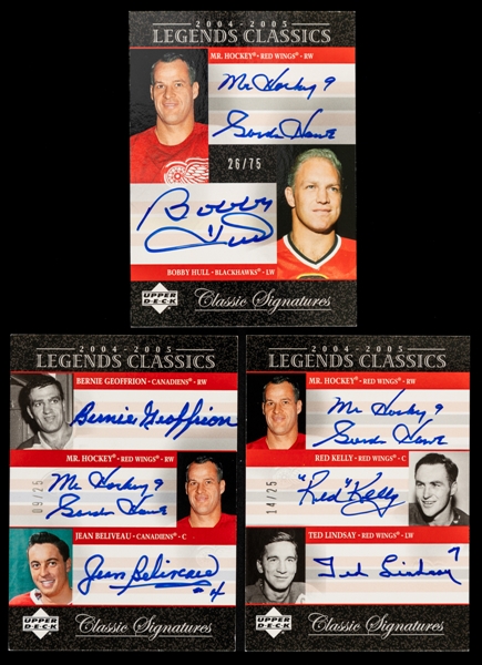2004-05 UD Legends Classics / Classic Signatures Triple-Signed Hockey Card #TC7 Howe / Beliveau / Geoffrion (09/25) and #TC13 Howe / Kelly / Lindsay (14/25)