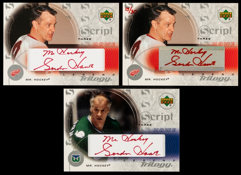 2003-04 UD Trilogy Script Three Signed Hockey Card #S3-MH Gordie Howe (2 - One 15/30) and #S3-GH Gordie Howe - All Signed Mr. Hockey Gordie Howe