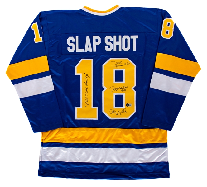 Slap Shot Charlestown Chiefs Jersey Signed Dave Hanson, Jeff Carlson and Allan Nicholls with Beckett Verification - "Old Time Hockey" Inscription