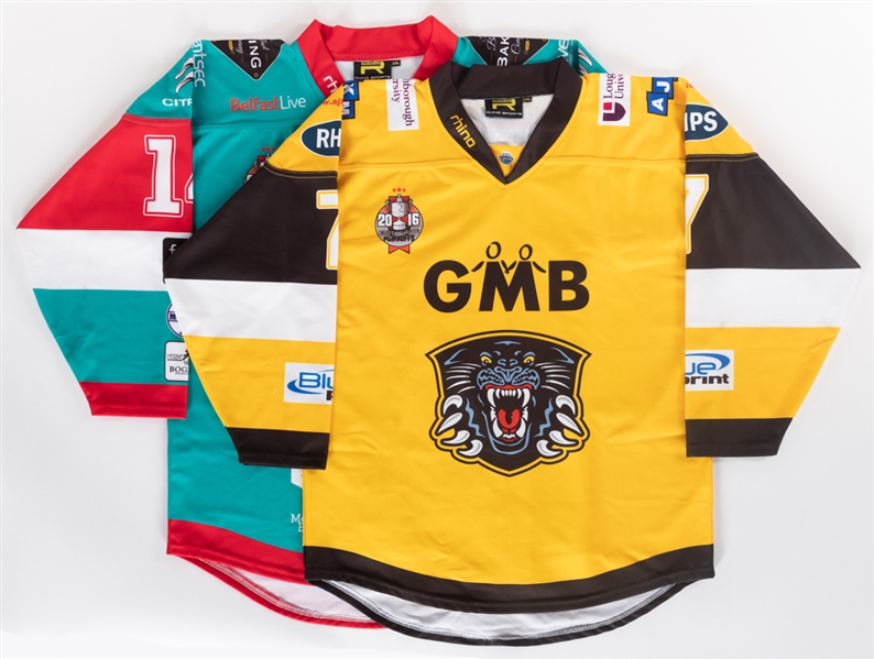 Robert Lachowitzs and Michael Forneys 2015-16 EIHL Notthingam Panthers and Belfast Giants Game-Worn Jersey Collection of 2