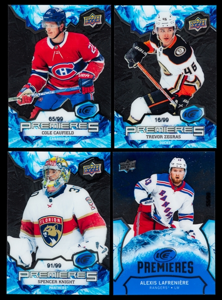 2020-21 and 2021-22 Upper Deck Ice Premieres Rookie Hockey Cards (11) Inc. Caufield, Zegras, Knight, Byfield, Raymond, Drysdale, Perfetti (2), Tomasino (2) and Lafreniere (Each /99)