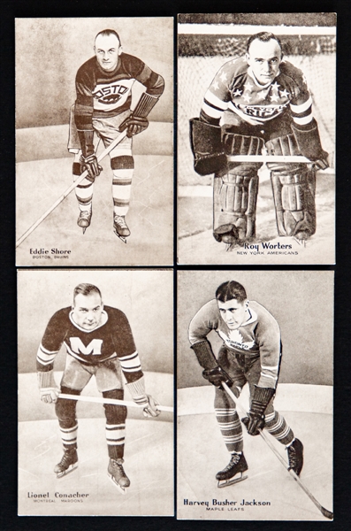 1936 Triumph Hockey Postcard Complete Set of 10 with Folder Including HOFers Eddie Shore, Roy Worters, Lionel Conacher, Busher Jackson, Ching Johnson, Sylvio Mantha and Herbie Lewis