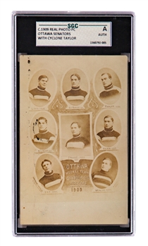 Ottawa Senators (ECHA) 1908-09 Hockey Club Team Photo Postcard Graded SGC A Including HOFers Taylor, Gilmour, Walsh, LeSueur and Stuart - Stanley Cup Champions